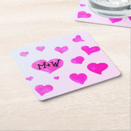 Rosa Aquarellherzen Eigene Namensinitialen Rechteckiger Pappuntersetzer