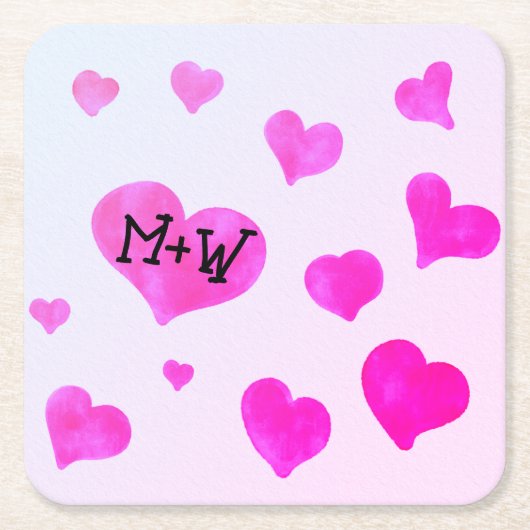 Rosa Aquarellherzen Eigene Namensinitialen Rechteckiger Pappuntersetzer (Vorderseite)