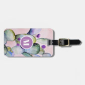 Rosa Aquarellkaktus und Blume | Monogramm Gepäckanhänger (Vorderseite horizontal)