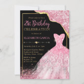 Rosa Aquarellkleid und Glam Edge 21. Geburtstag Einladung (Vorderseite)