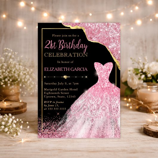 Rosa Aquarellkleid und Glam Edge 21. Geburtstag Einladung