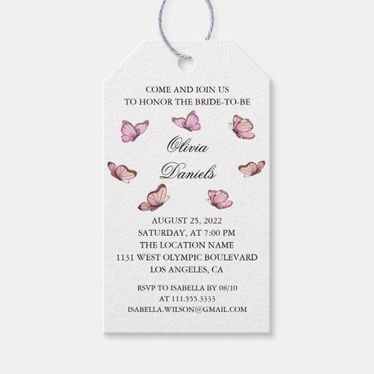 Rosa Aquarellschmetterling. Brautparty-Geschenketi Geschenkanhänger (Vorderseite)