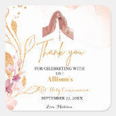 Rosa Aquarellspritze erste Kommunion Vielen Dank Quadratischer Aufkleber (Vorderseite)