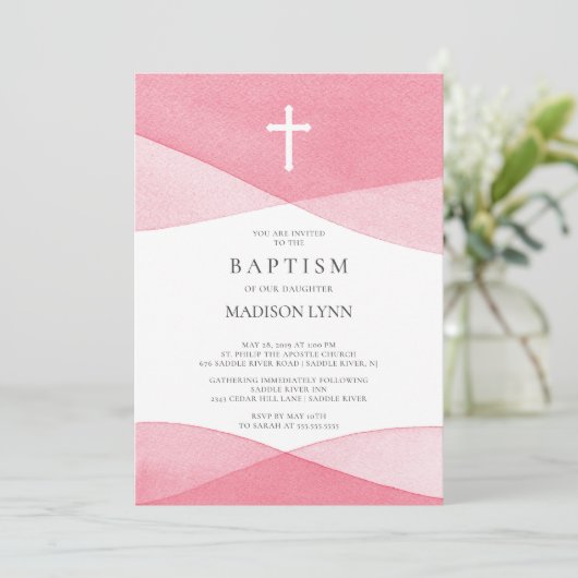 Rosa Aquarelltaufe Einladung (Stehend Vorderseite)