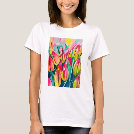 Rosa Aquarelltulis Kunst T-Shirt (Vorderseite)
