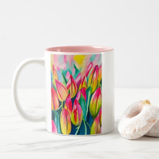 Rosa Aquarelltulis Kunst Zweifarbige Tasse (Mit Donut)