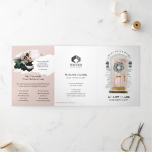 Rosa Aquarelltür Echtes Anwesen Marketing Dreifach Gefaltete Karte