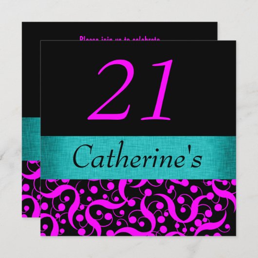 Rosa Aquaschwarzes elegant irgendeine Altersfeier Einladung (Vorne/Hinten)