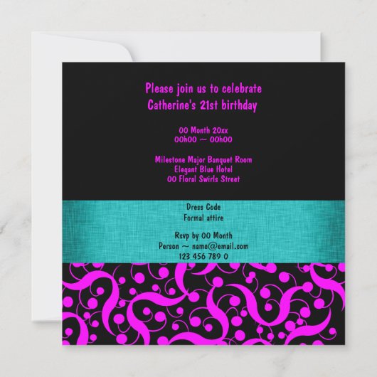 Rosa Aquaschwarzes elegant irgendeine Altersfeier Einladung (Rückseite)