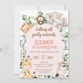 Rosa Arch Safari Party Tiere 1. Geburtstag Einladung (Vorderseite)