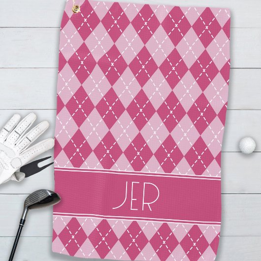 Rosa Argyle-Karomuster mit Monogramm Anfangsbuchst Golfhandtuch