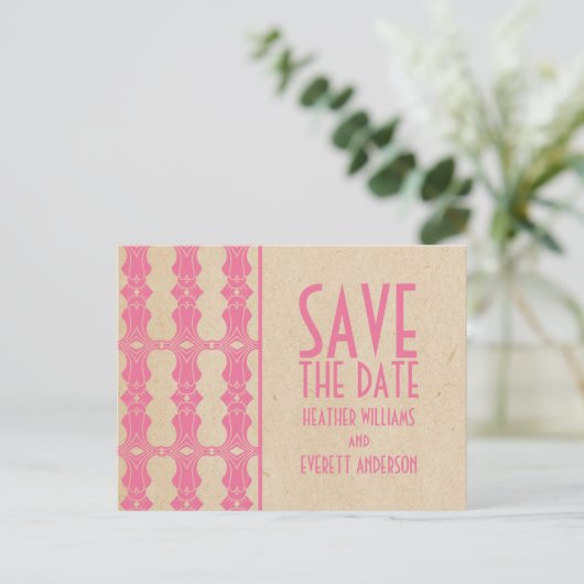 Rosa Art Deco Border Save the Date Postkarte (Stehend Vorderseite)