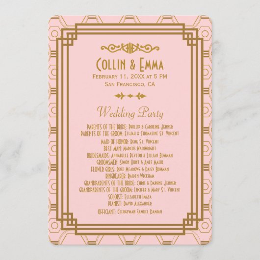 Rosa Art Deco Hochzeitsprogramme Programm (Vorderseite)