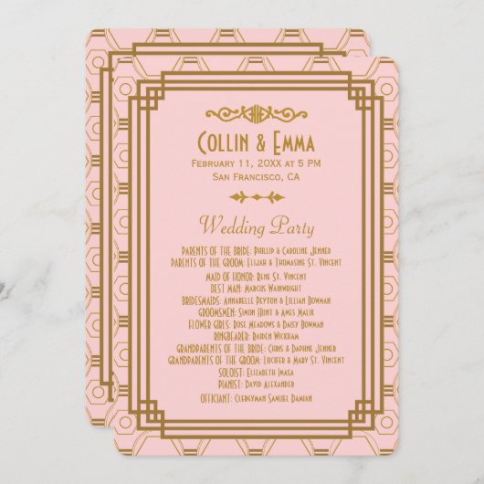 Rosa Art Deco Hochzeitsprogramme Programm (Vorne/Hinten)