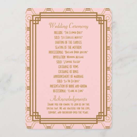 Rosa Art Deco Hochzeitsprogramme Programm (Rückseite)