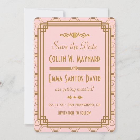 Rosa Art Deco Save the Date lädt ein (Vorderseite)