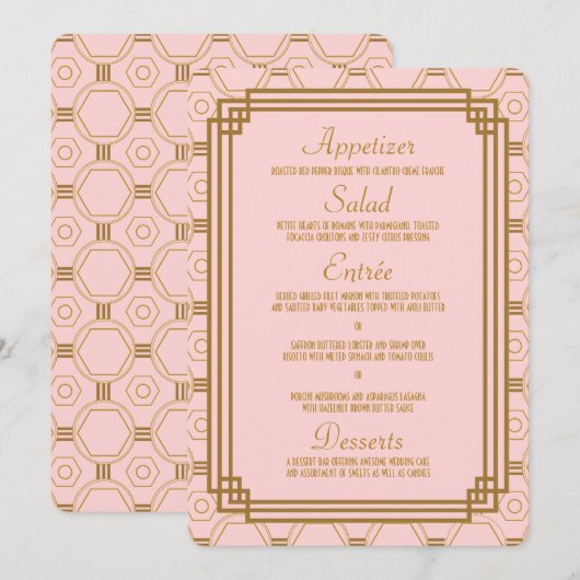 Rosa Art Deco Wedding Menü Menükarte (Vorne/Hinten)