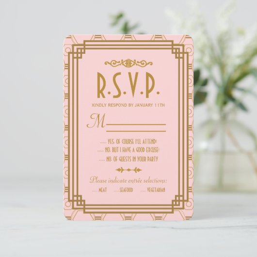 Rosa Art Deco Wedding RSVP Cards (Stehend Vorderseite)