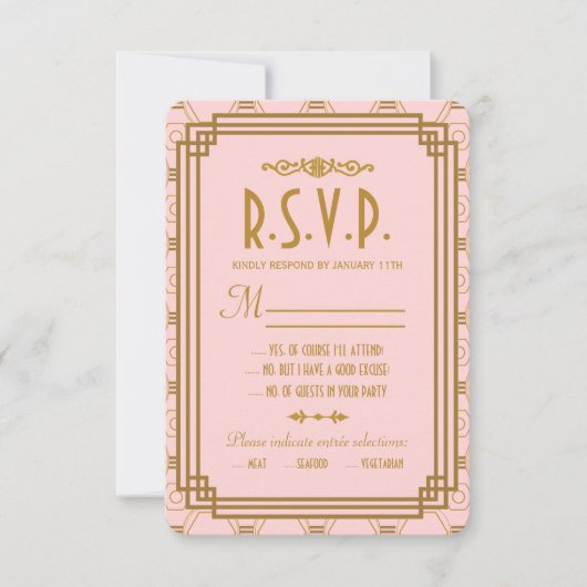 Rosa Art Deco Wedding RSVP Cards Karte (Vorderseite)