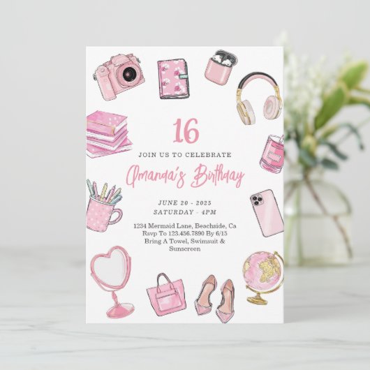 Rosa Ästhetik, Pink Teen Girl Birthday Einladung (Stehend Vorderseite)