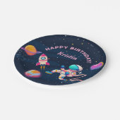 Rosa Astronauten Weltraumraketenschiff Geburtstag Pappteller (Schrägansicht)
