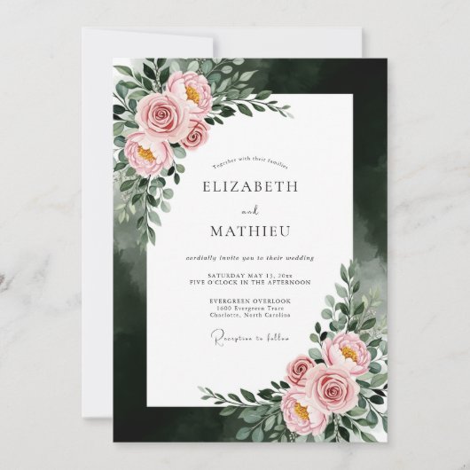 Rosa Ätherische Florale Hochzeit Einladung (Vorderseite)