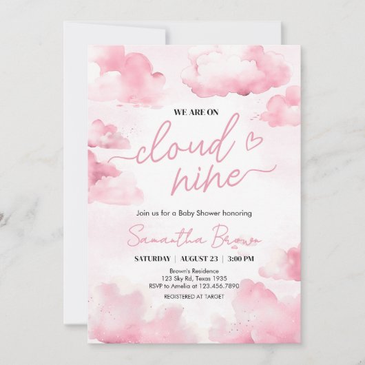 Rosa auf Cloud Nine Baby Dusche Einladung (Vorderseite)