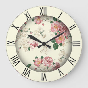Rosa auf gelben Vintage-Blumenmuster mit römischen Große Wanduhr