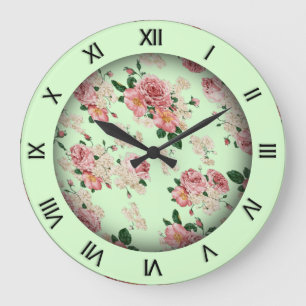 Rosa auf grünem Vintage-Blumenmuster Große Wanduhr