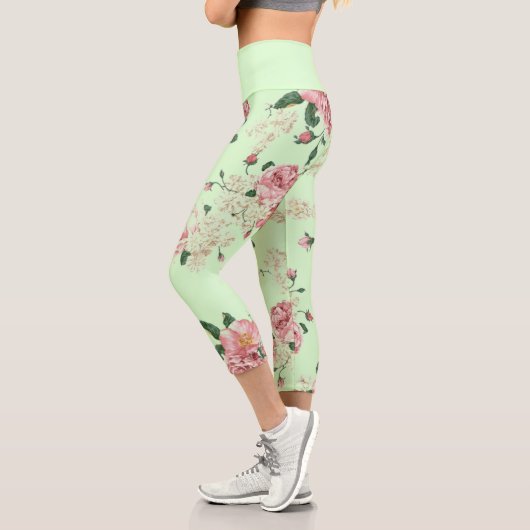 Rosa auf grüner Vintager Blüte Capri Leggings (Links)