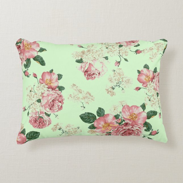 Rosa auf grüner Vintager Blüte Dekokissen (Vorderseite)