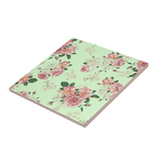 Rosa auf grüner Vintager Blüte Fliese (Seite)