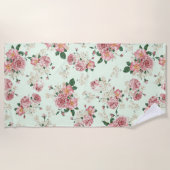 Rosa auf grüner Vintager Blüte Strandtuch (Vorderseite)