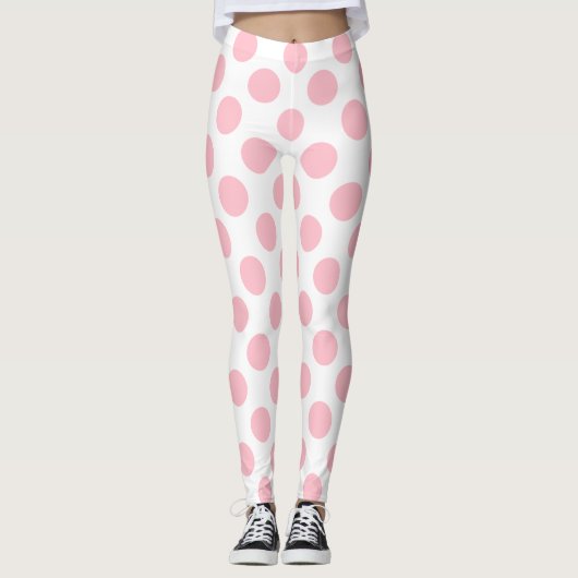 Rosa auf weiße große Polka-Punkte Leggings (Vorderseite)