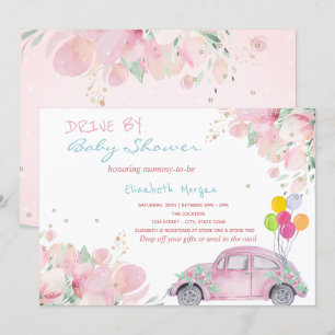 Rosa Auto Ballons Blumen Vorbeifahrt Baby Shower Einladung