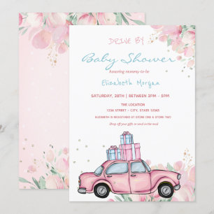 Rosa Auto bringt Blumen vorbeis - Babyparty Einladung