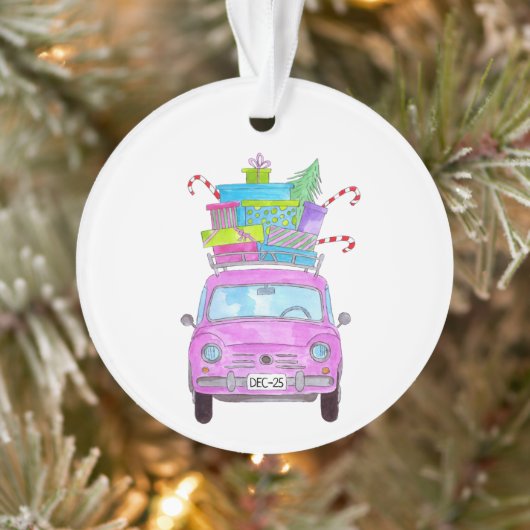 Rosa Auto mit Weihnachtsgeschenken Wasserfarbe Ornament (Baum)