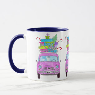Rosa Auto mit Weihnachtsgeschenken Wasserfarbe Tasse