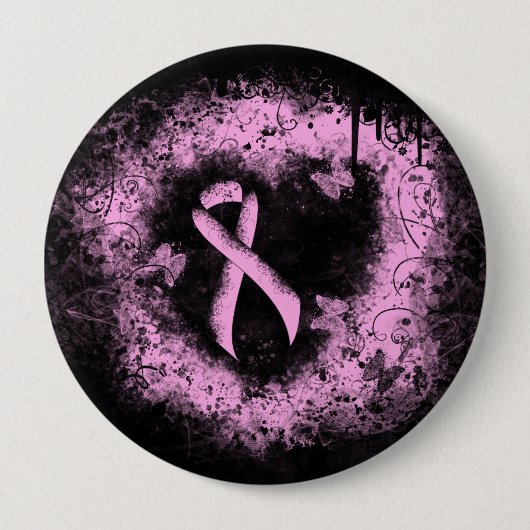 Rosa Awareness Ribbon Grunge Herz Button (Vorderseite)