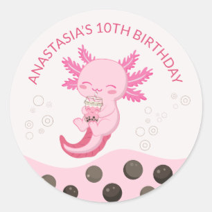 Rosa Axolotl-Blasen-Milch-Boba-Tee-Geburtstagsfeie Runder Aufkleber
