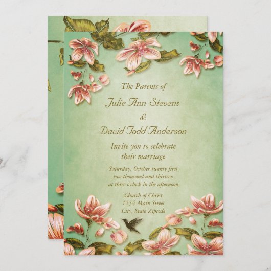 Rosa Azaleen auf der Hochzeit des Grünen Nebels Vi Einladung (Vorne/Hinten)