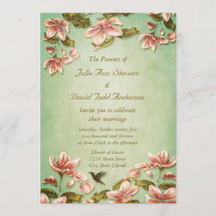 Rosa Azaleen Vintag auf grüner Nebel-Hochzeit Einladung