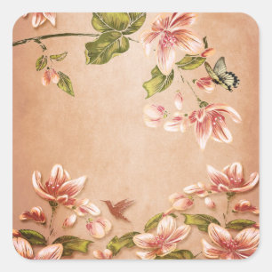 Rosa Azaleen Vintage Blüte auf Whiskey Quadratischer Aufkleber