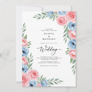 Rosa-azurblaue Aquarell-Blumenhochzeit Einladung