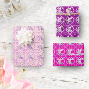 Rosa Baby-Elefant Mit Taube Und Kreuz Taufe  Geschenkpapier Set