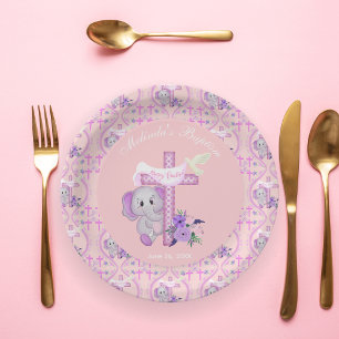 Rosa Baby-Elefant Mit Taube Und Kreuz Taufgeschenk Pappteller