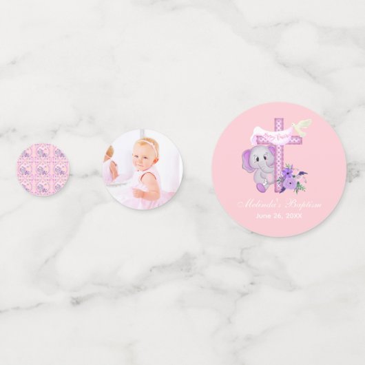 Rosa Baby Elefant mit Taube und Kreuztaufen Konfetti (Vorderseiten)