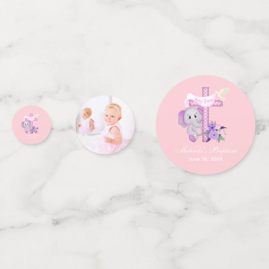 Rosa Baby Elefant mit Taube und Kreuztaufen Konfetti (Rückseiten)