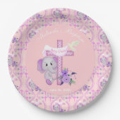 Rosa Baby Elefant mit Taube und Kreuztaufen Pappteller (Vorderseite)