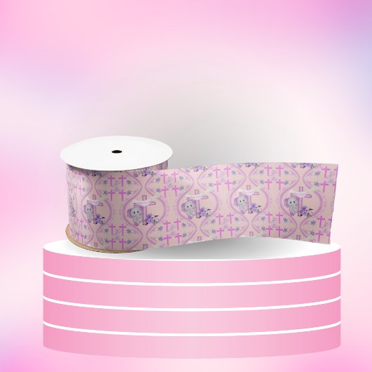 Rosa Baby Elefant mit Taube und Kreuztaufen Satinband